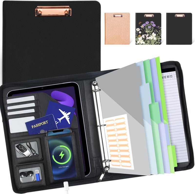 KLLVE Clipboard with Storage for Men Women, Leather Padfolio Portfolio with Zipper, 1 Inch 3 Ring Binder 5 Dividers, Notepad for Letter Size, Elastic Closure and Pen Loop, Card Slot Black - Image 1